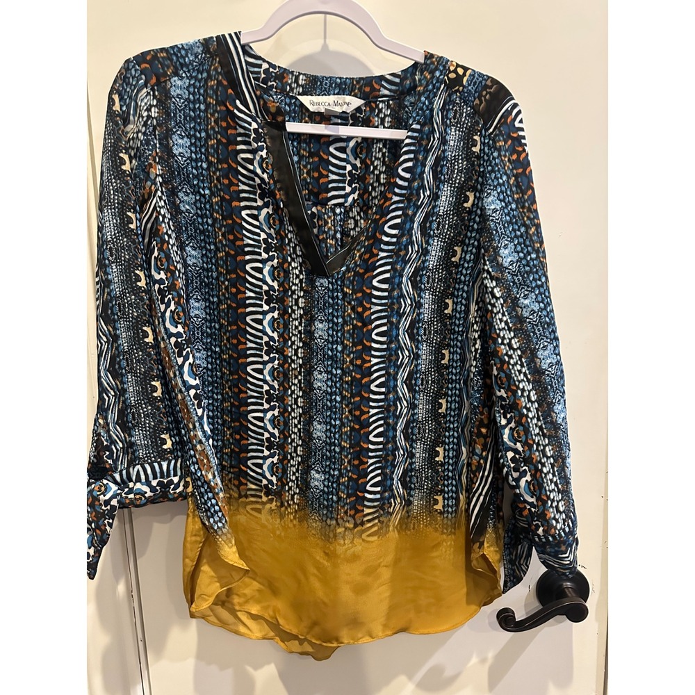 Rebecca Malone Womens Blue Mustard Ombre Mixed Print V-Neck Blouse Tie Cuff M